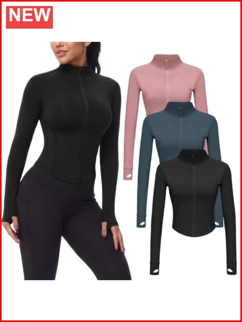 Women's Cropped Full Zip Workout Jacket with Thumb Holes Slim Fit